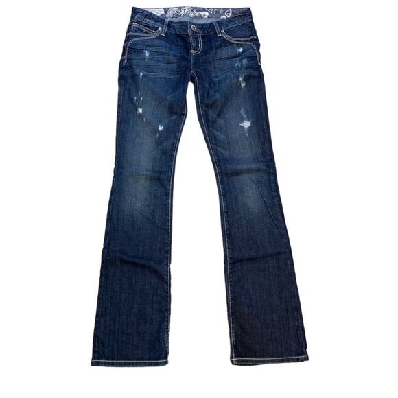 (23943) Guess Jeans Women's Bootcut Jeans Size 3 Dark Wash Distressed Stretch - Picture 1 of 6